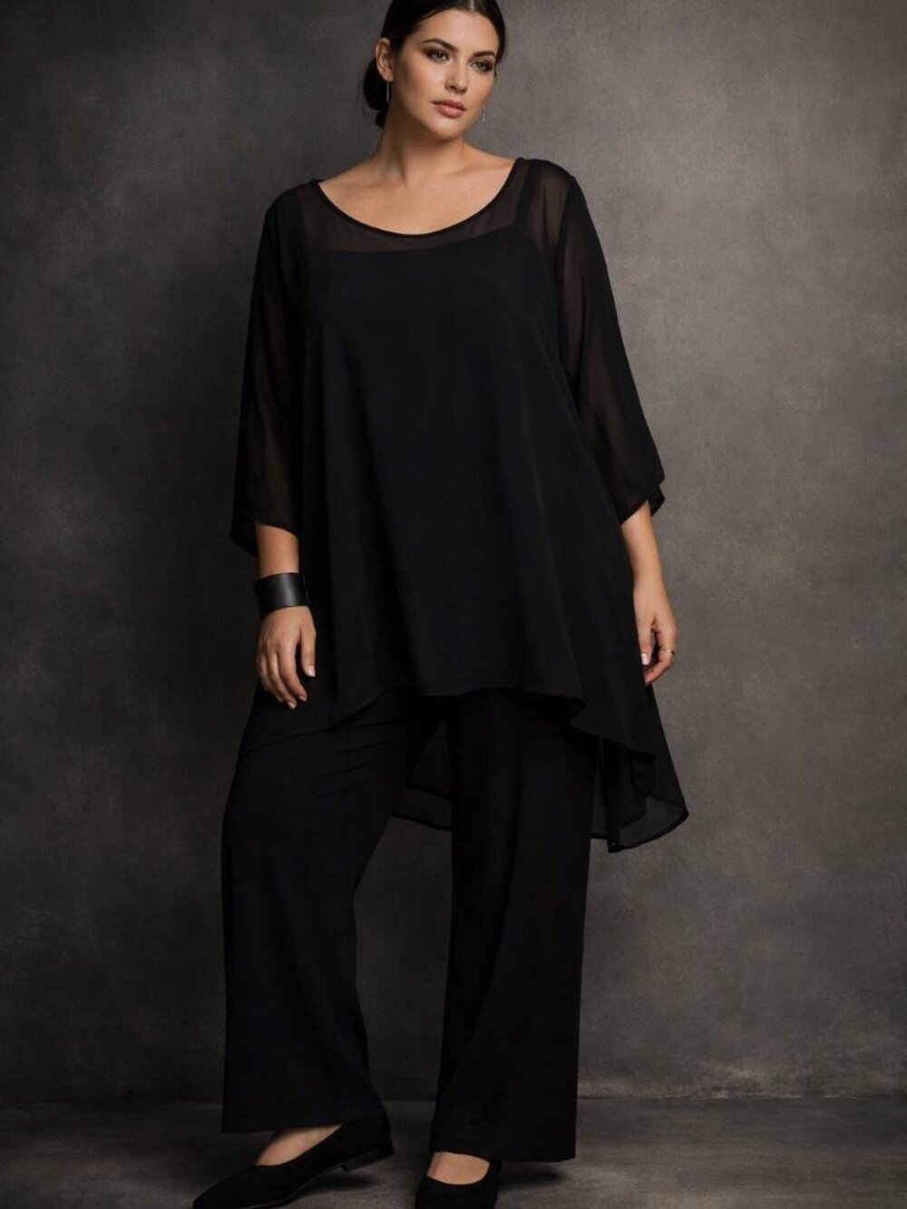 Fiorella Rubino  Formal Occasion Black Tunic Top Blouse With Sheer Overlay Large